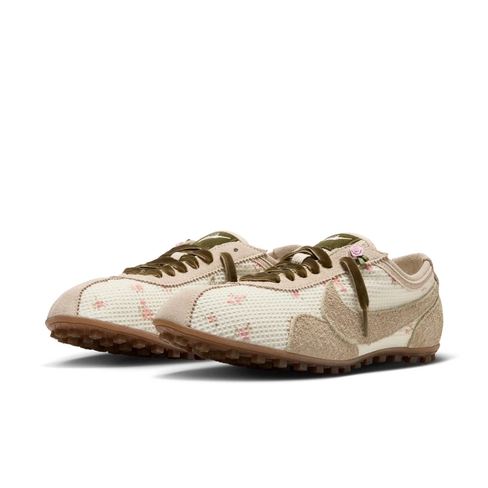pair at front 3/4 angle, floral mesh, olive laces, pink rose charms on both shoes, Floral Mesh
