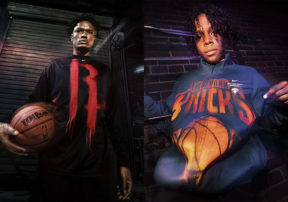 split image, red spray-paint graphic top beside navy Knicks spray-paint jacket, Standard Issue Collection