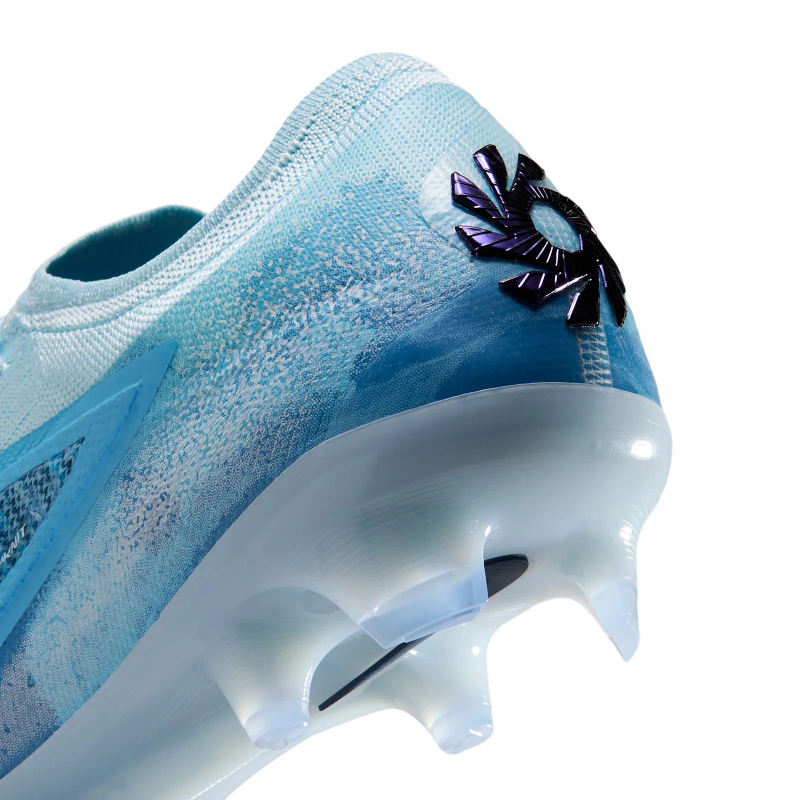 heel detail close-up, blue upper with iridescent purple pinwheel logo, Baltic Blue