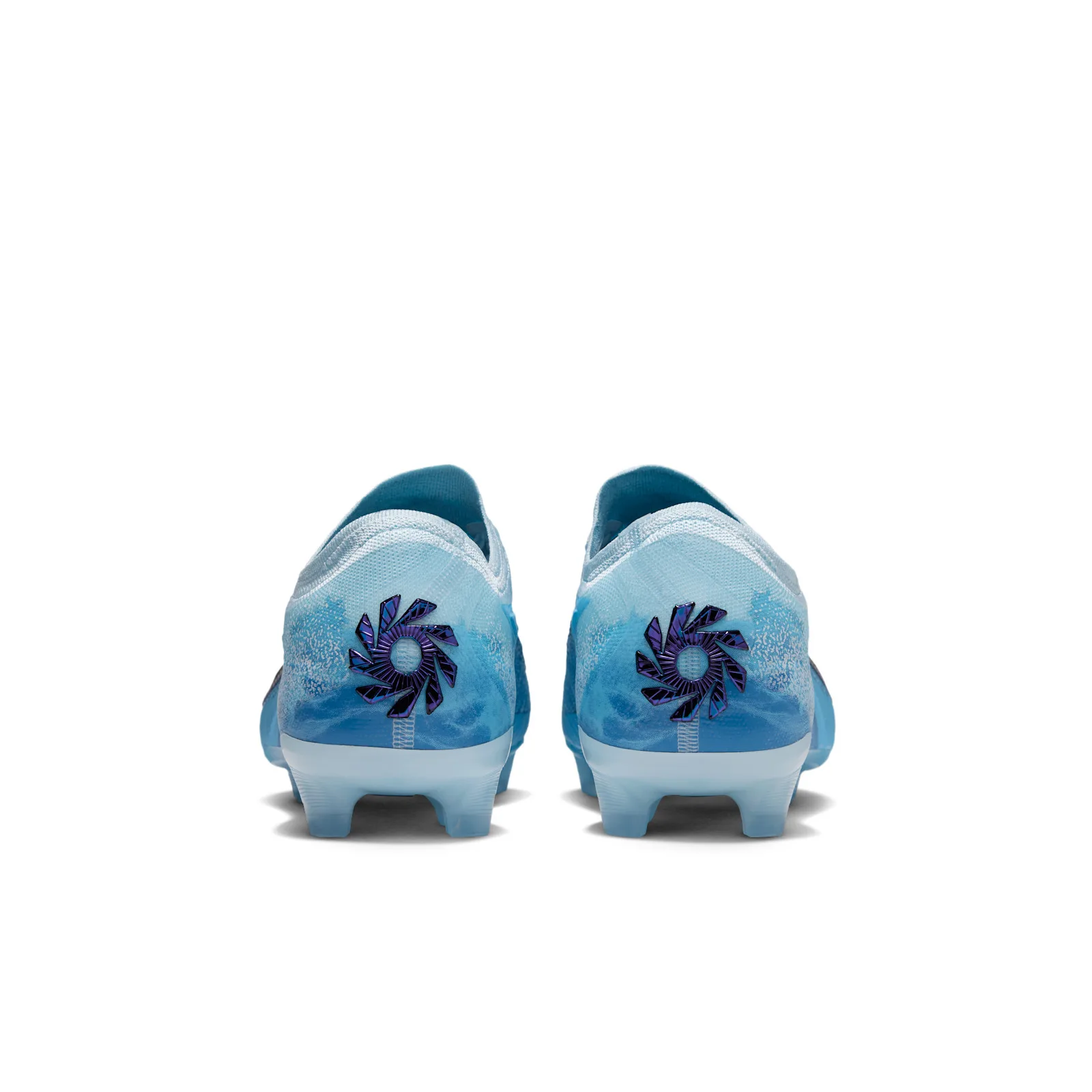 heel view pair on white, blue upper, iridescent purple pinwheel heel badge, Baltic Blue