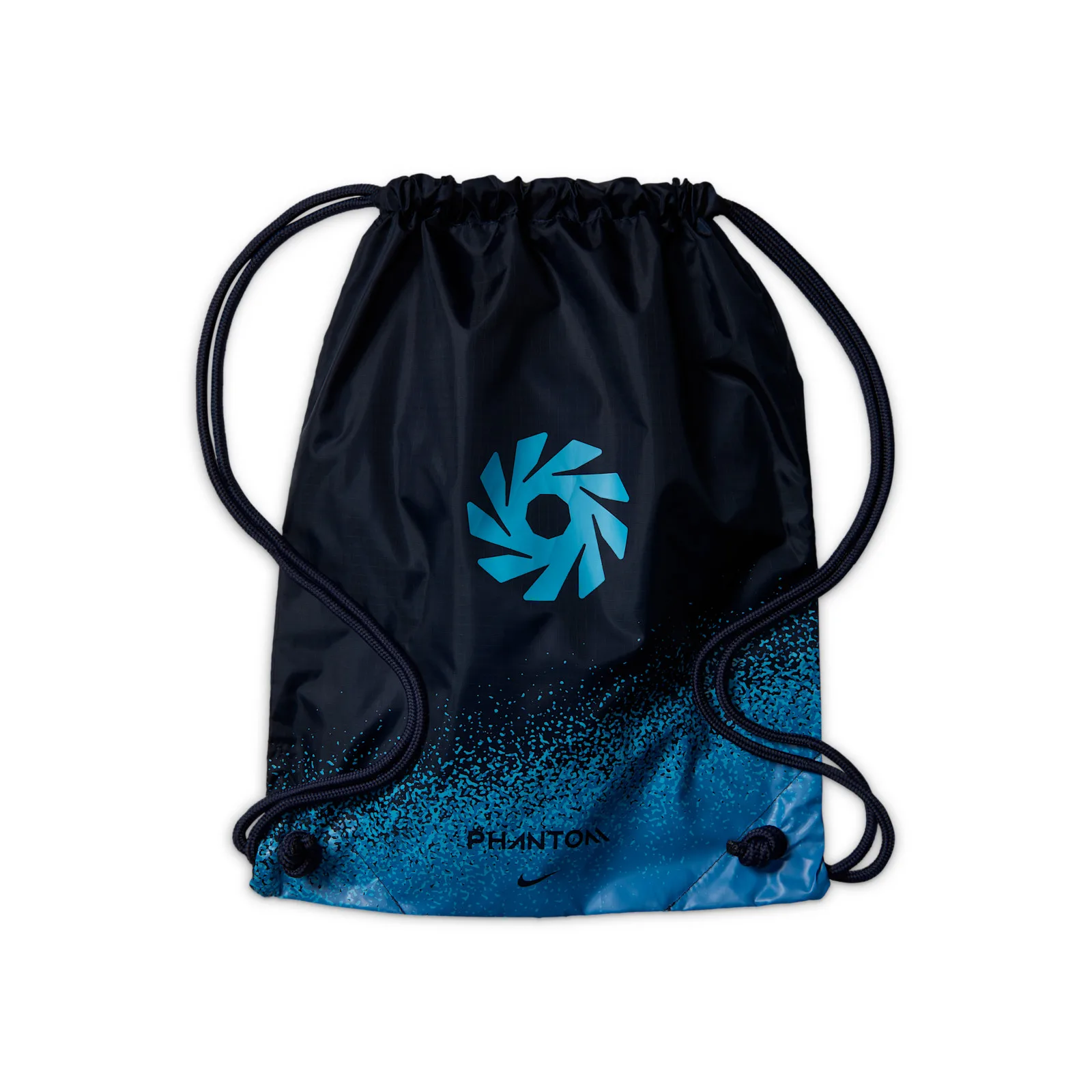 packaging, navy drawstring bag with blue pinwheel logo and phantom text, Baltic Blue