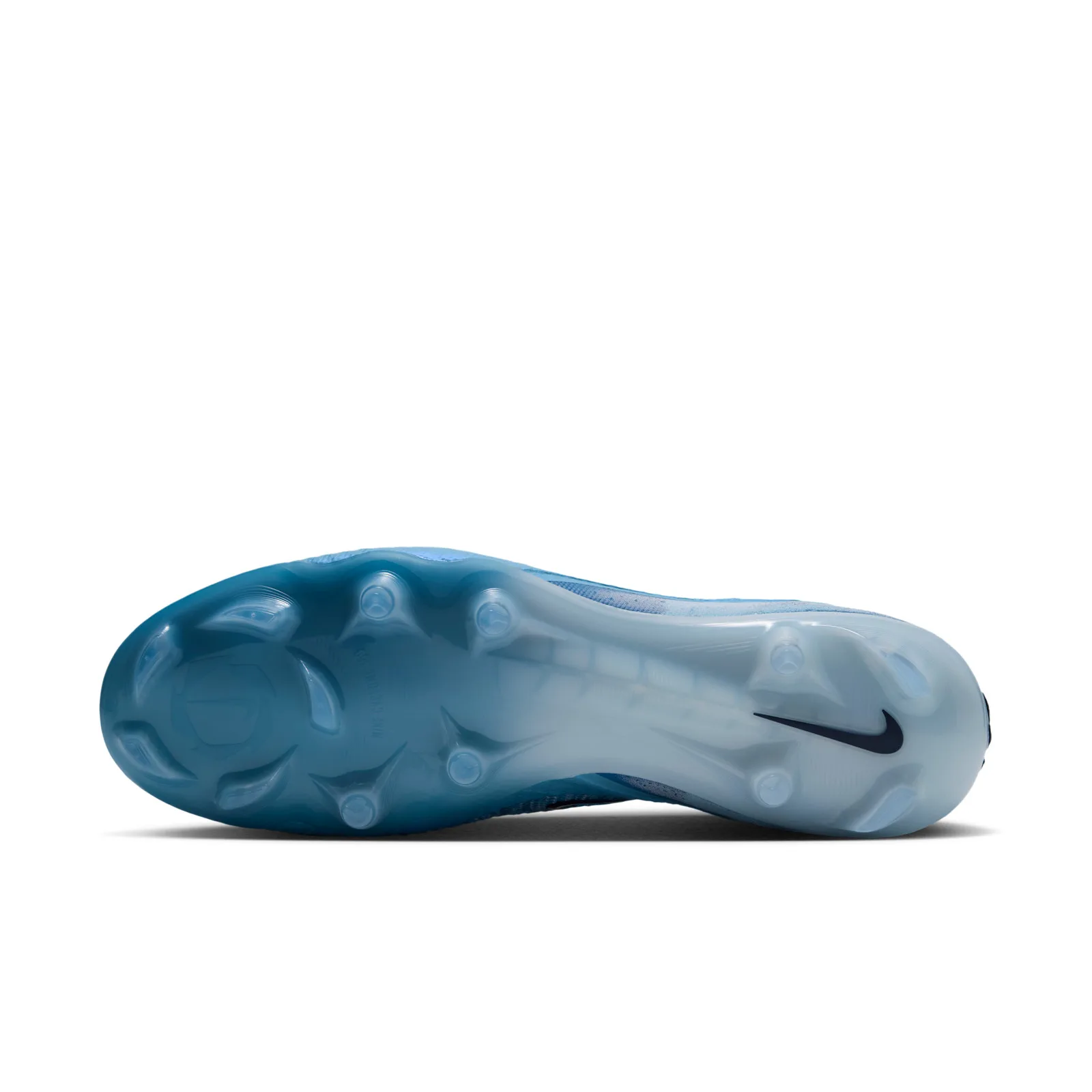 outsole view, blue-to-white gradient studded plate with embossed swoosh, Baltic Blue