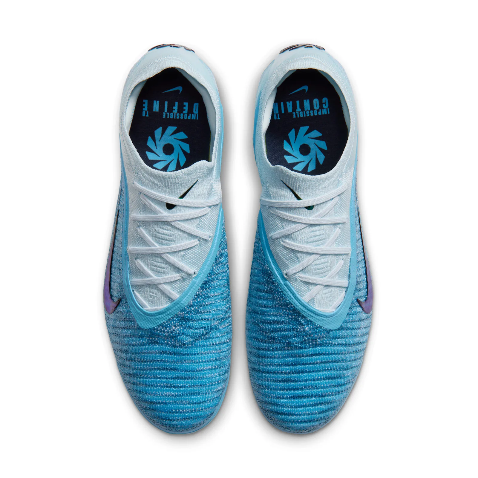 top-down pair view, navy insole with pinwheel logo and printed text, white laces, Baltic Blue