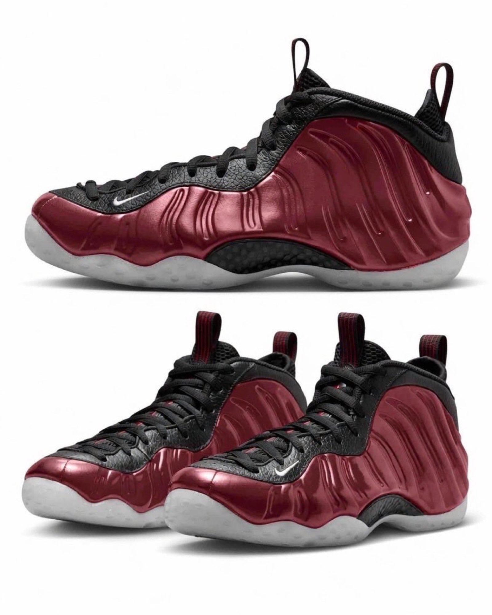 lateral and toe views of the pair in maroon foam with black overlays, Air Foamposite One