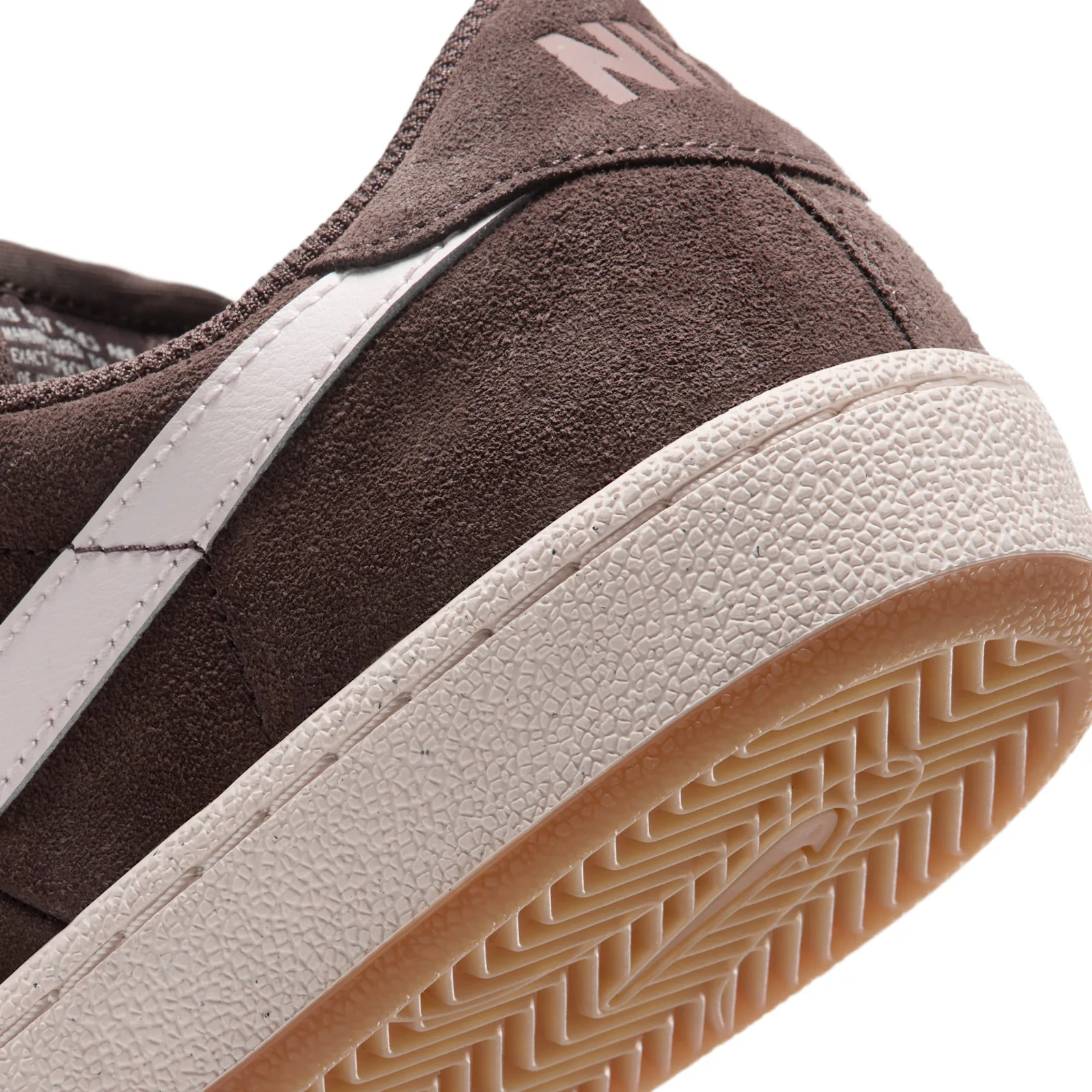 Close-up heel detail, brown suede, white swoosh edge, gum outsole, cream midsole, Baroque Brown