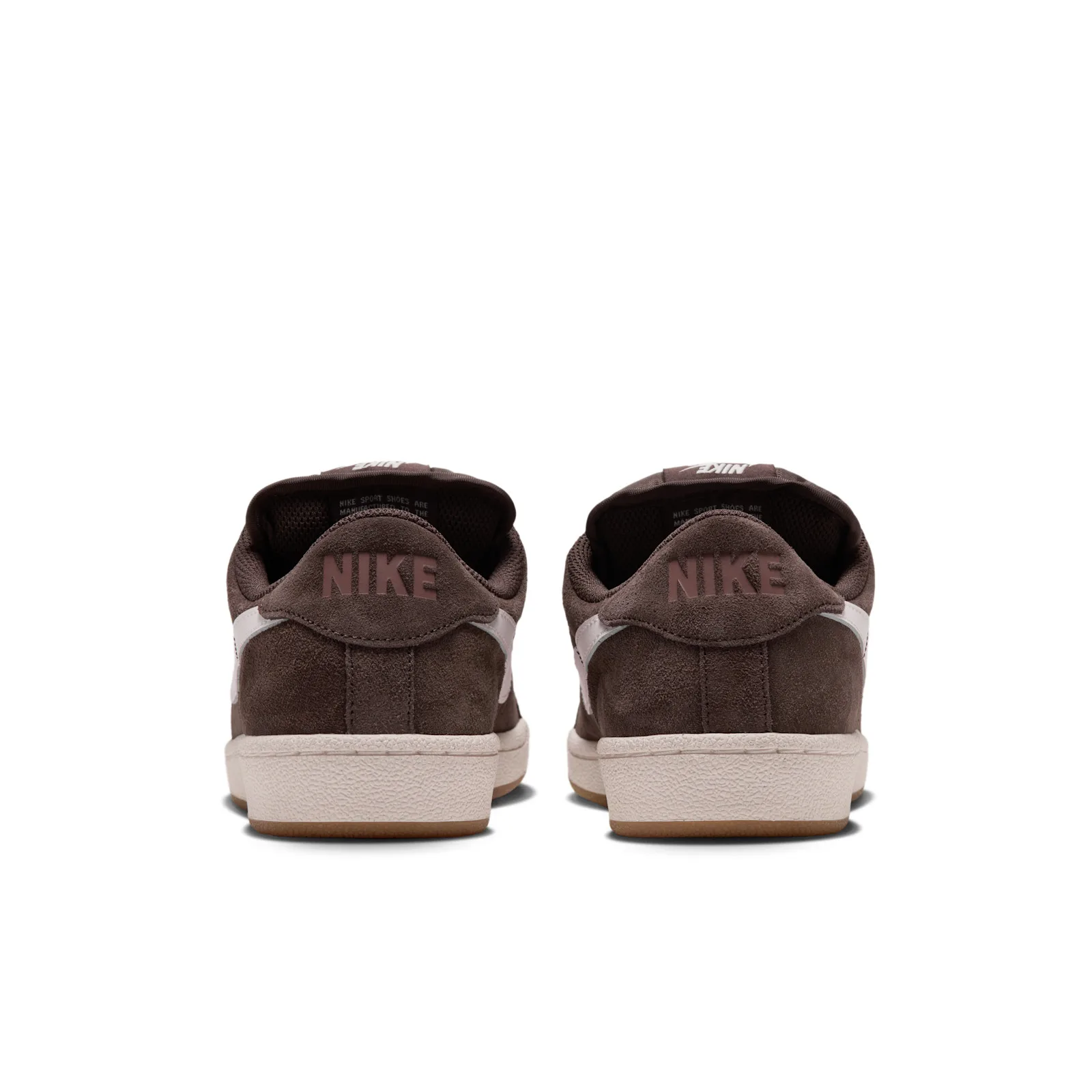 Heel view of pair, brown suede, embossed NIKE text, white midsole, gum sole, Baroque Brown