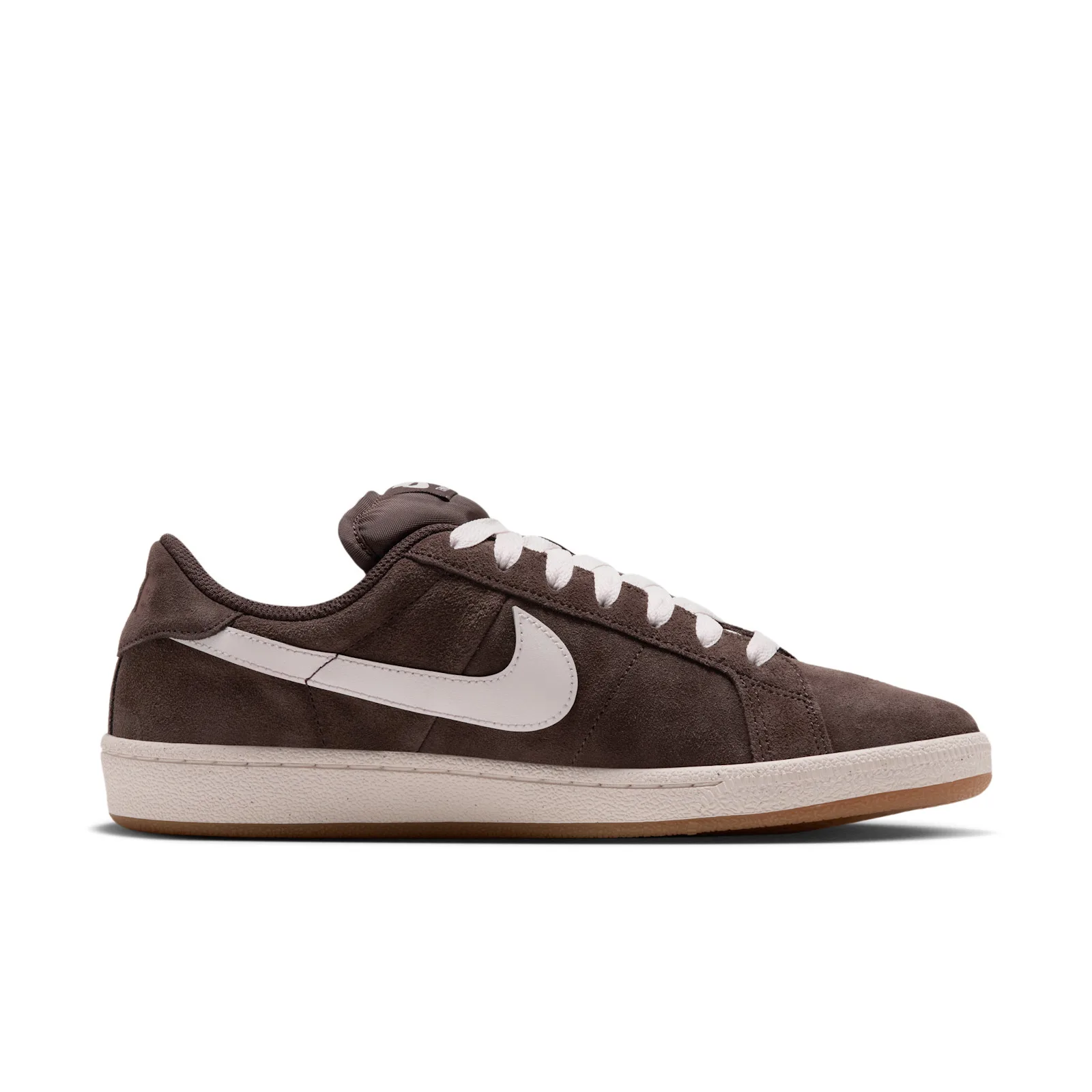 Lateral view close-up, brown suede upper, white swoosh, gum outsole, Baroque Brown