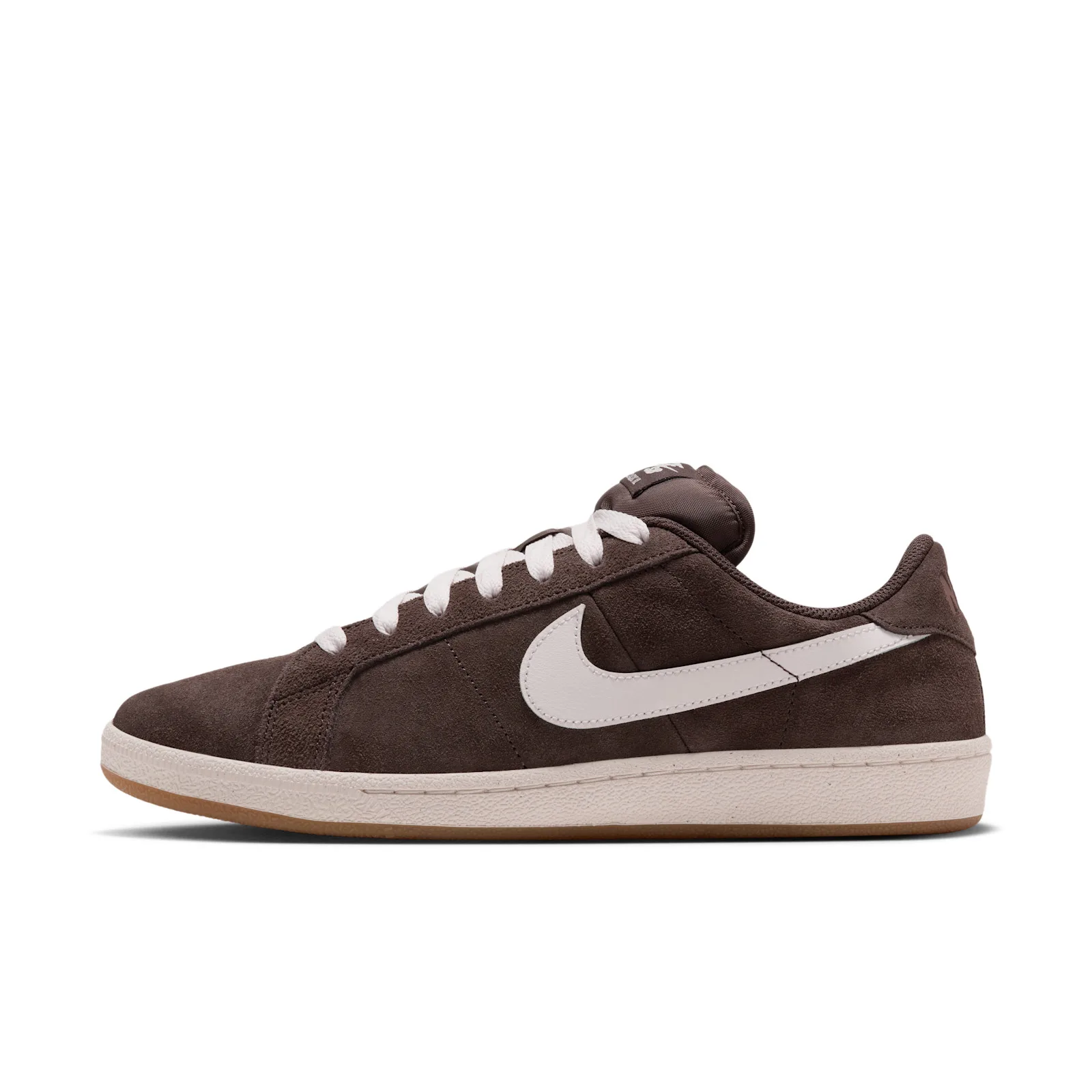 Lateral view on white background, brown suede with pale pink swoosh, Baroque Brown