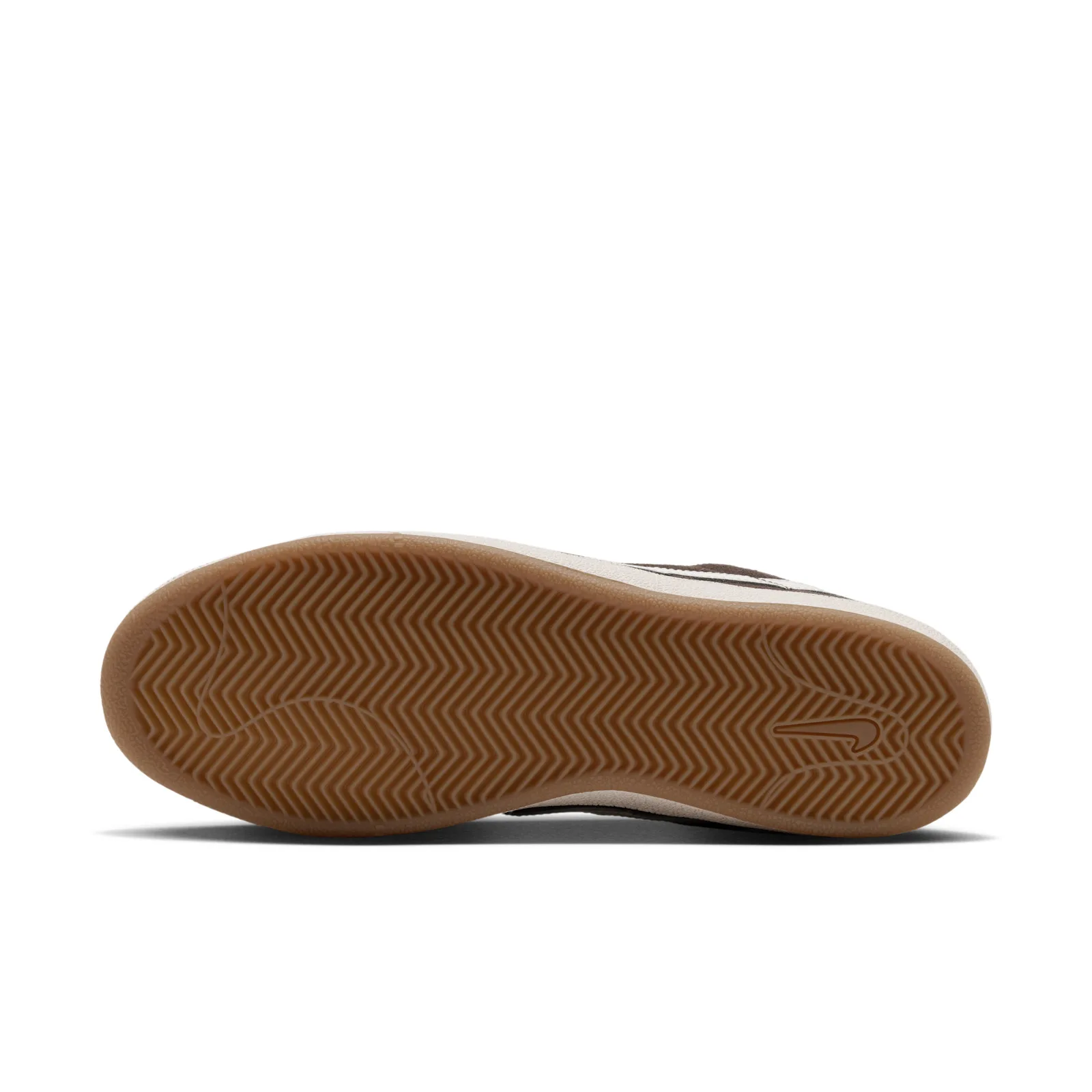 Outsole view, gum rubber sole with chevron tread and Nike swoosh, Baroque Brown