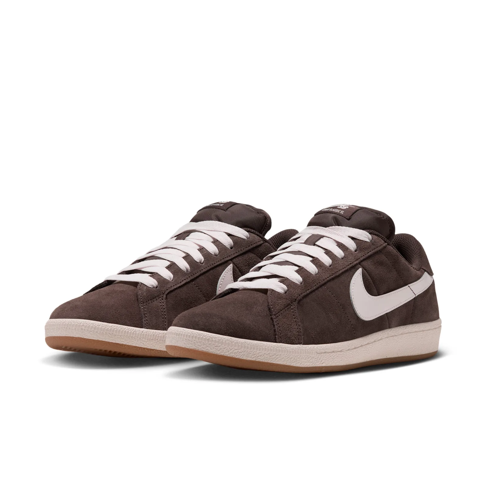 Pair, front three-quarter view, brown suede, white swooshes, white laces, Baroque Brown