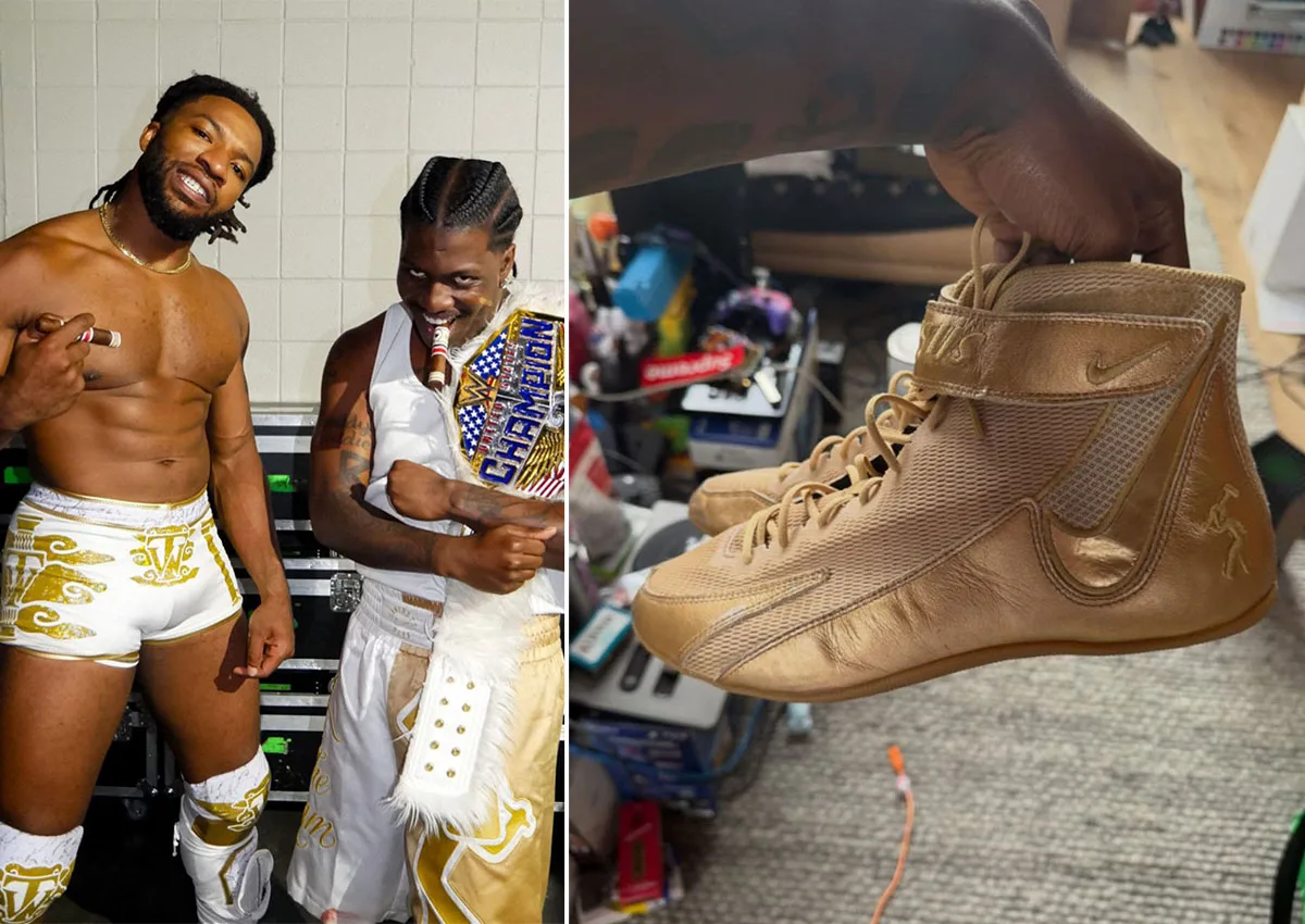 split image, backstage photo beside hand holding gold high-top with swoosh, Nike Speedsweep 8