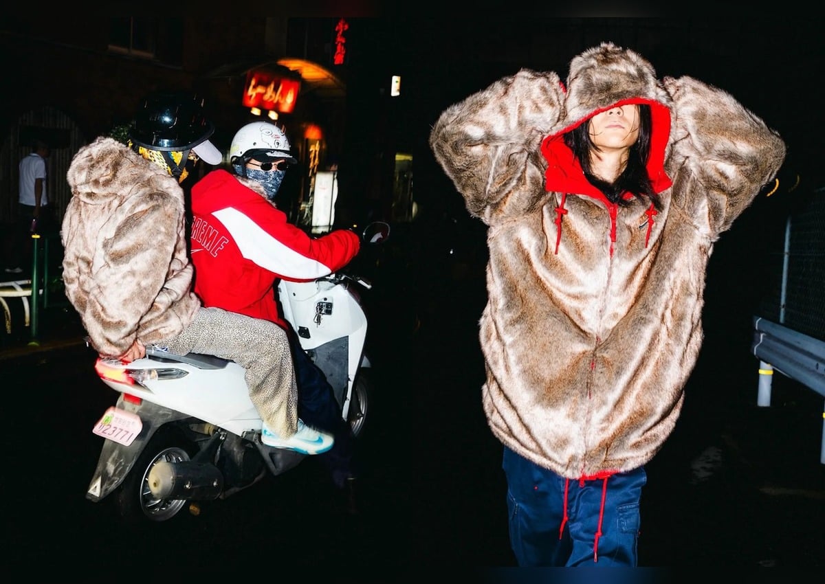 on-foot pair, tan faux-fur hooded jackets, one with red-lined hood, night street, Nike x Supreme Fall 2026 Collection