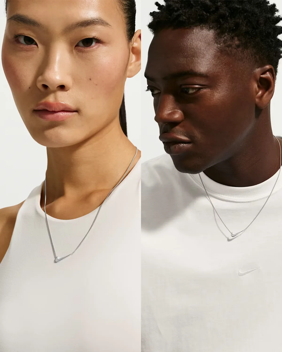 on-foot detail of necklaces with swoosh pendants worn over white tops, two models, Swoosh Jewelry Collection