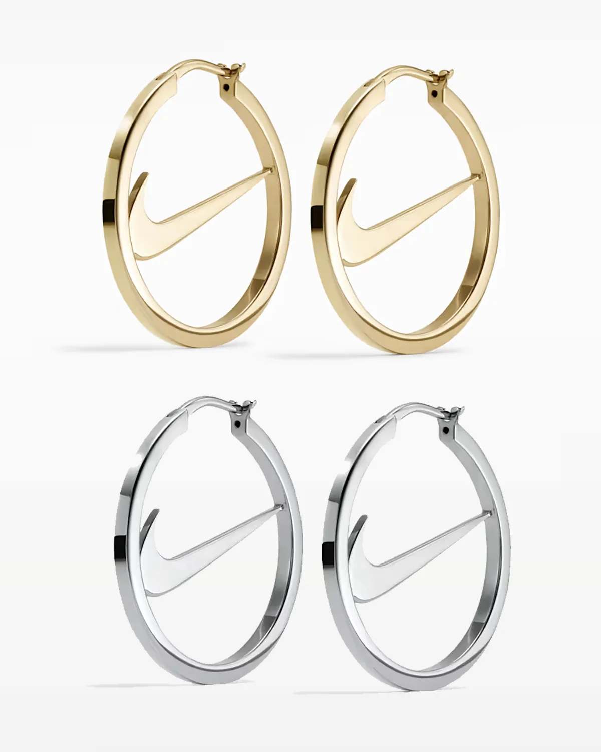 pair of gold swoosh hoop earrings above a pair of silver swoosh hoop earrings, Swoosh Jewelry Collection