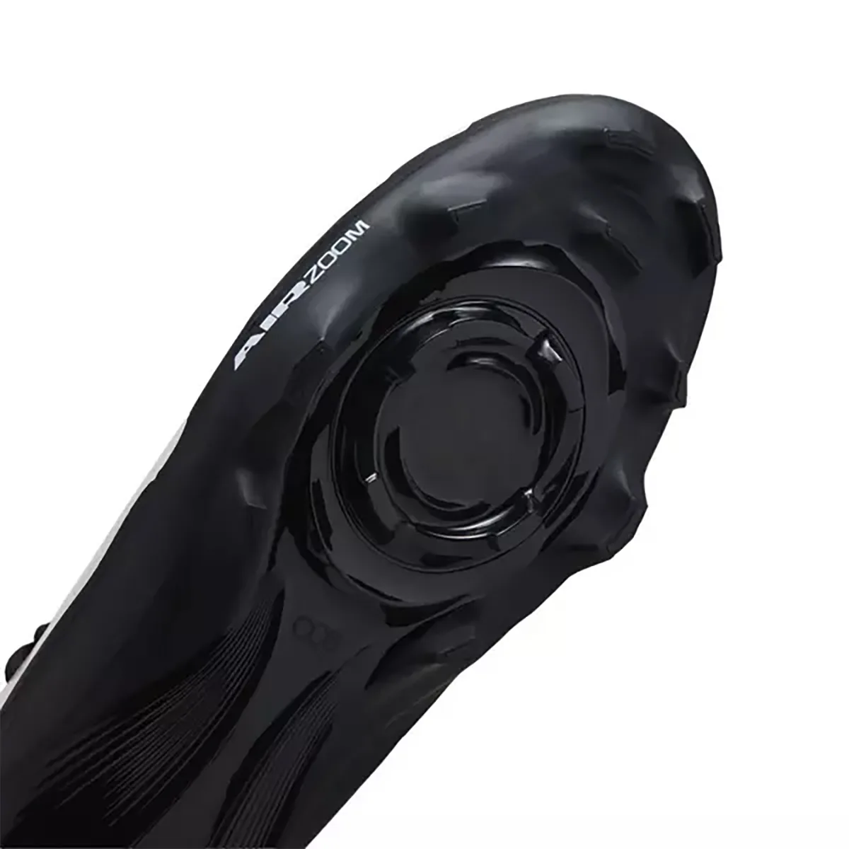 toe close-up of black outsole showing cleat pattern and Air Zoom text, Skeleton