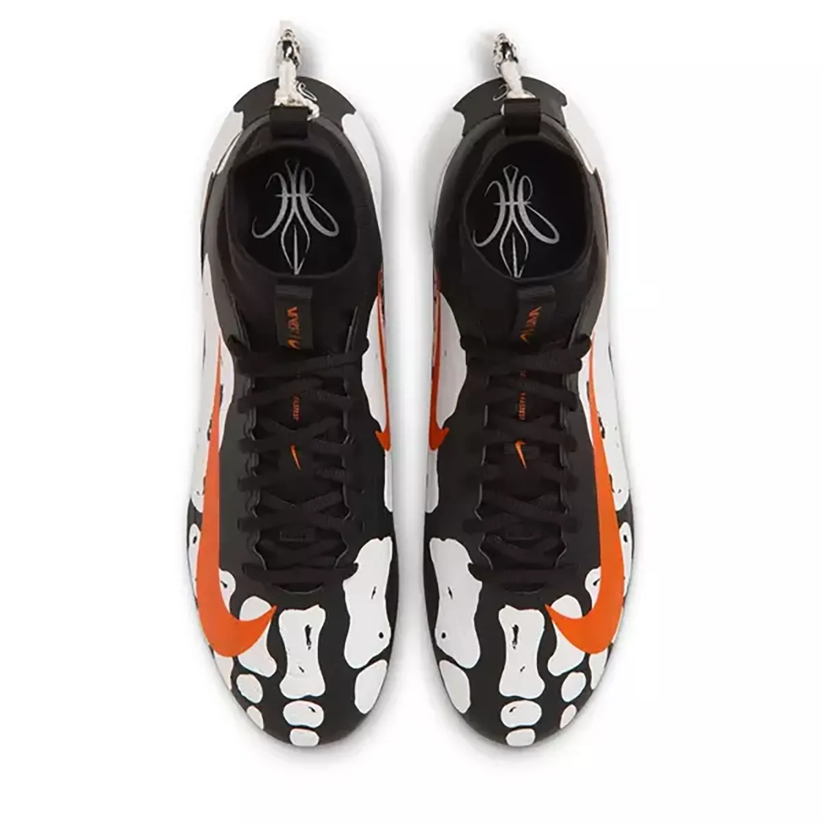 top-down pair view, laced black uppers with white bone graphics and orange swooshes, Skeleton