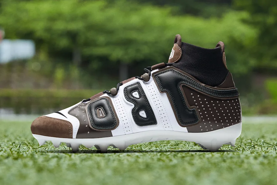 lateral view, brown, white and black upper with 'OBJ' panel, brown suede toe, OBJ Uptempo Cleat