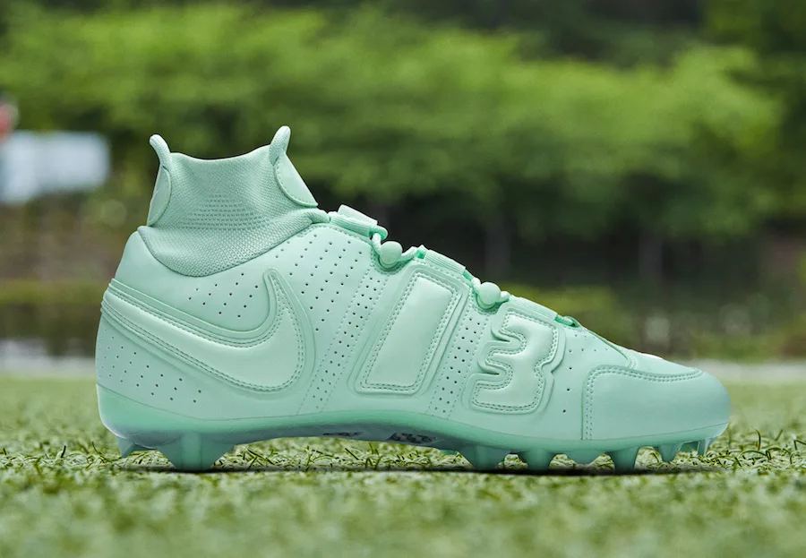 lateral view, mint green tonal upper with '13' panel, mint outsole, OBJ Uptempo Cleat
