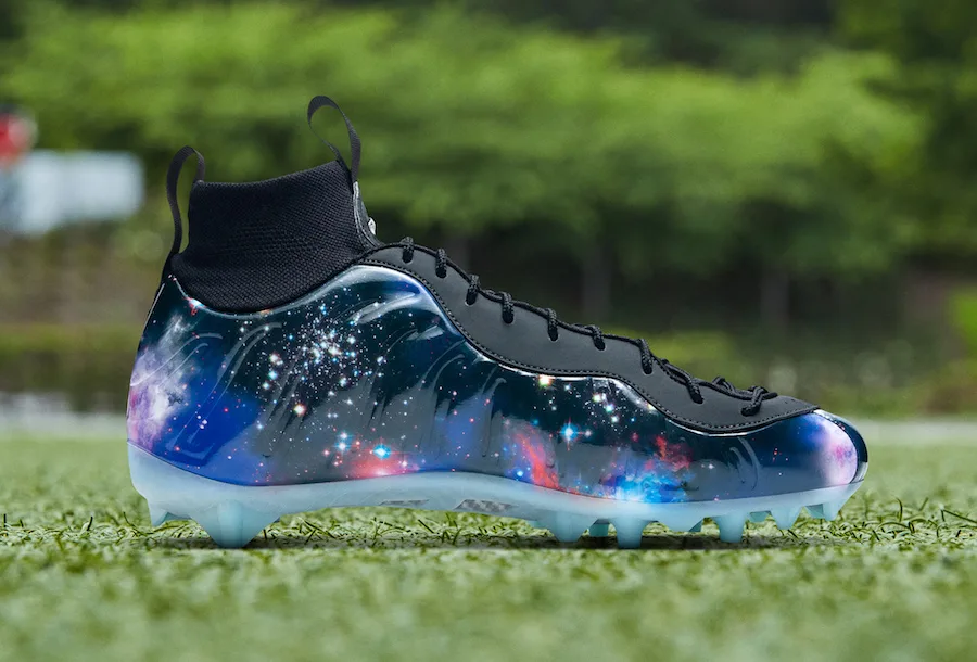 lateral view, black upper with galaxy nebula print, translucent outsole, OBJ Uptempo Cleat