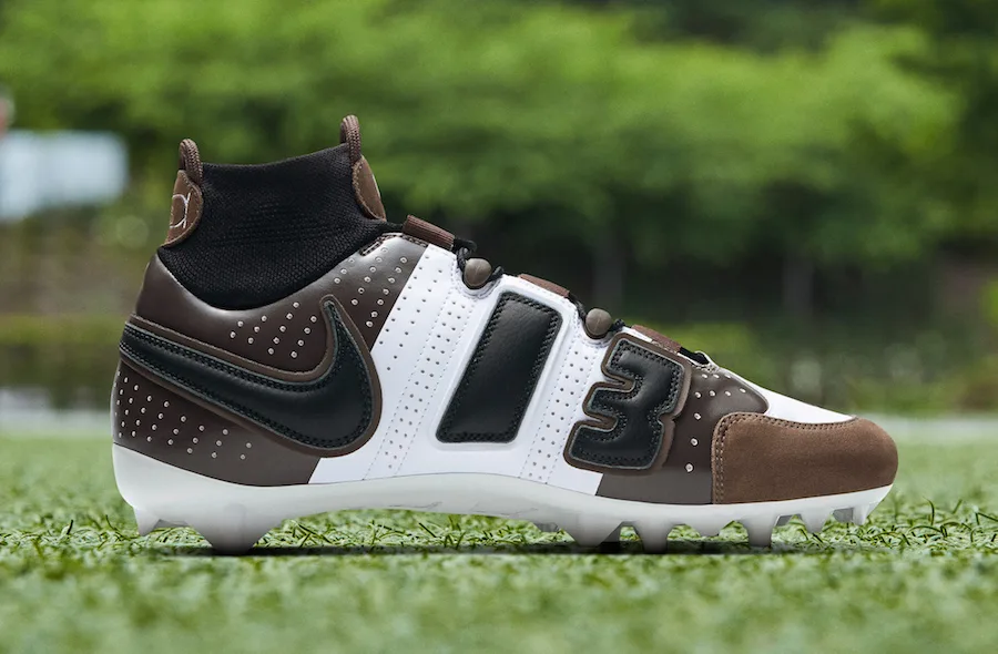 lateral view, brown, white and black colorblock upper with '13' panel, suede toe, OBJ Uptempo Cleat