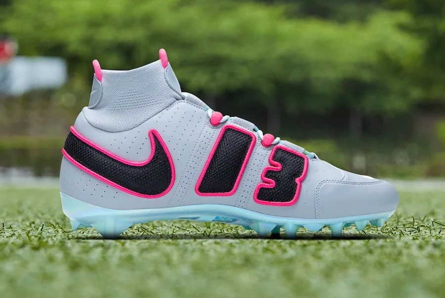 lateral view, grey upper with pink-outlined black '13' and swoosh, mint outsole, OBJ Uptempo Cleat