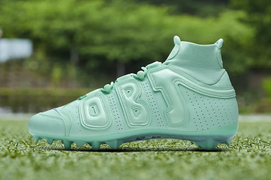 lateral view, mint green tonal upper with raised 'OBJ' lettering, OBJ Uptempo Cleat