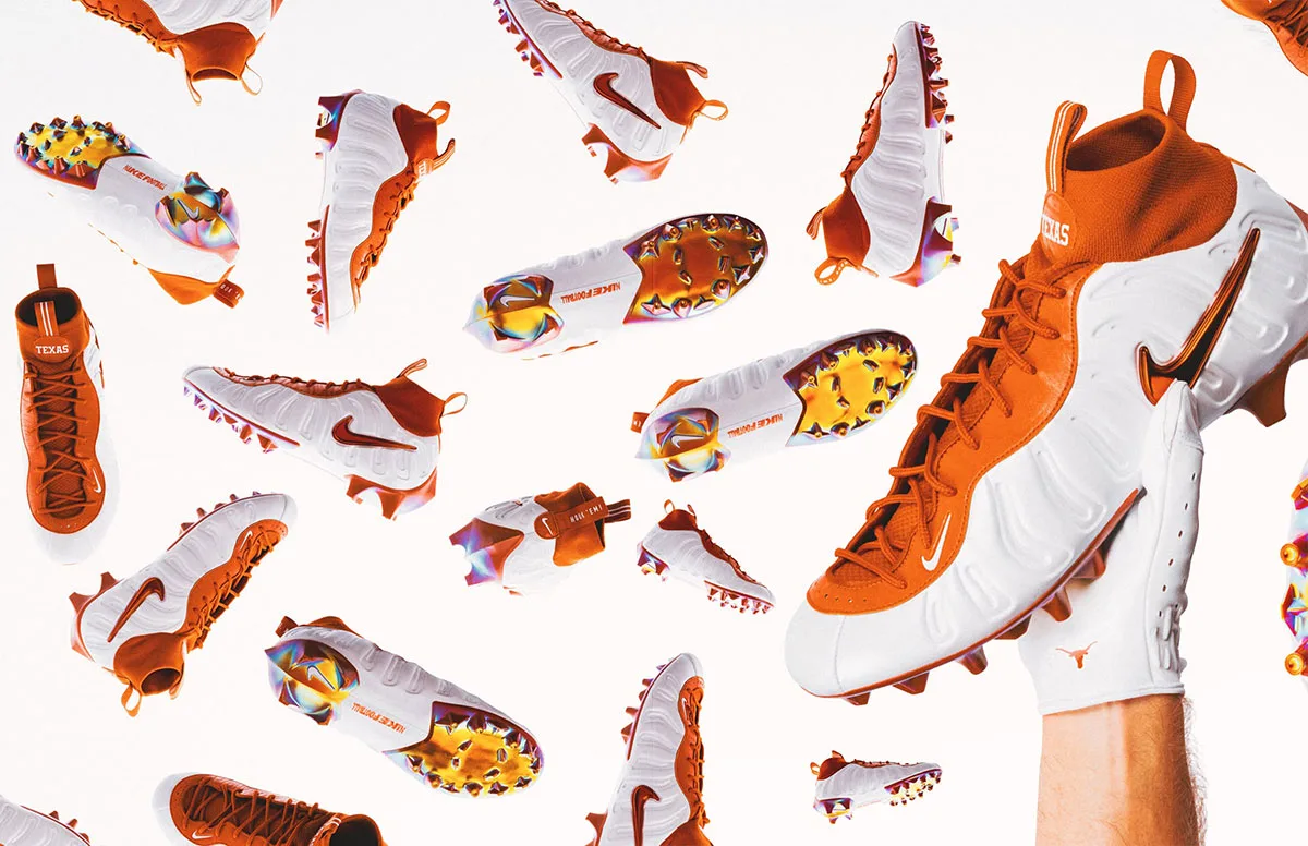 scattered cleats and on-foot lateral view, white/orange with Texas Longhorns tongue, Nike Vaporposite Pro Texas Longhorns PE
