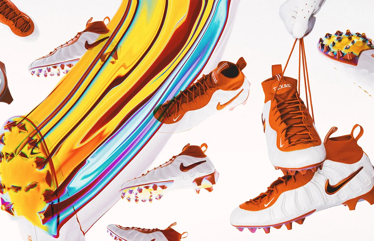 on-foot pair held by laces, iridescent outsole close-up beside white/orange cleats, Texas Longhorns PE