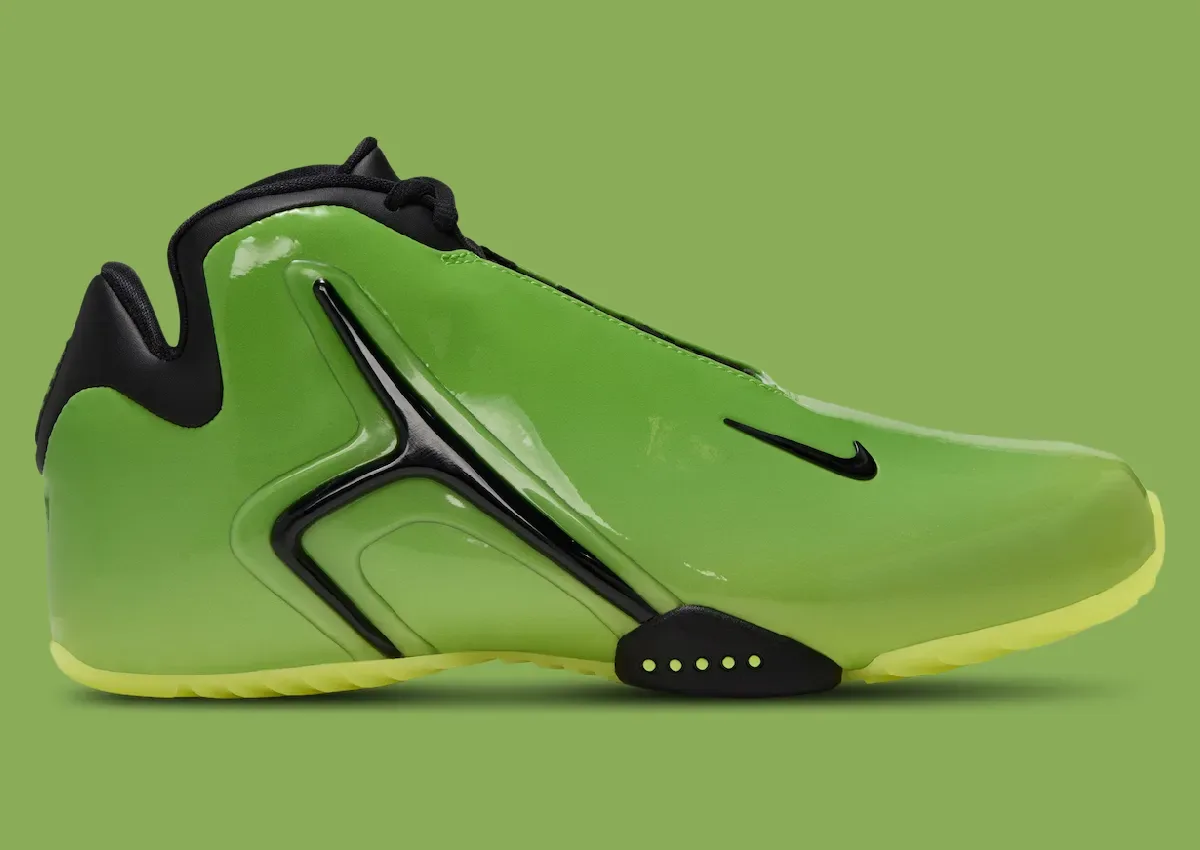 medial view showing black Swoosh logo and black Y-shaped overlay on green upper, Green Apple