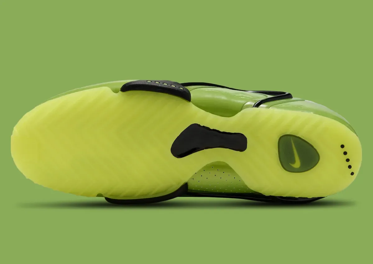 outsole view, yellow sole with black Swoosh and black heel/forefoot traction pods, Green Apple
