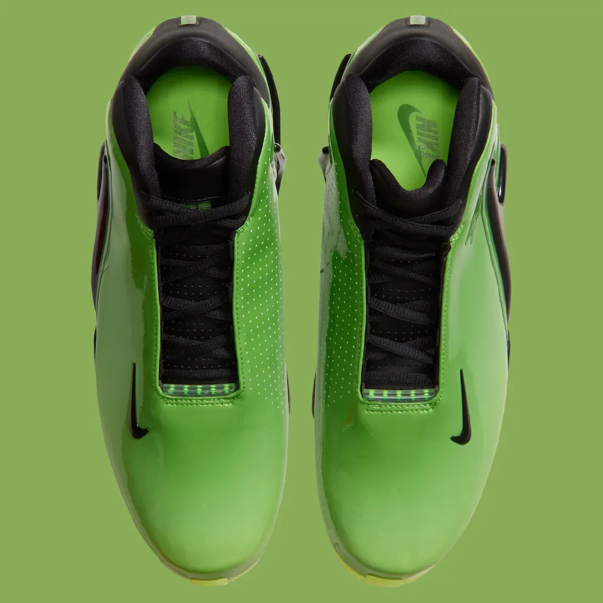 top-down view of a pair, green patent uppers with black laces and green insoles, Green Apple