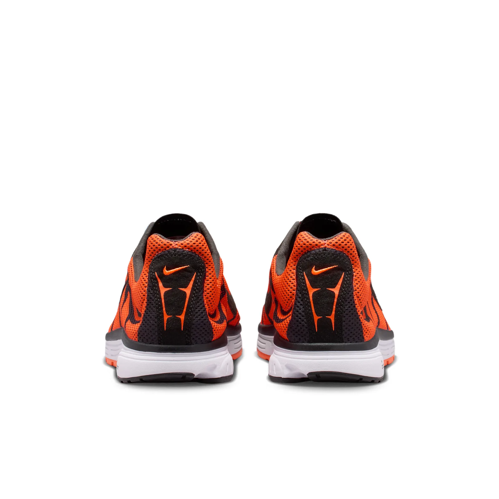 heel view of pair, orange mesh with black heel counters and orange swoosh logos, Safety Orange
