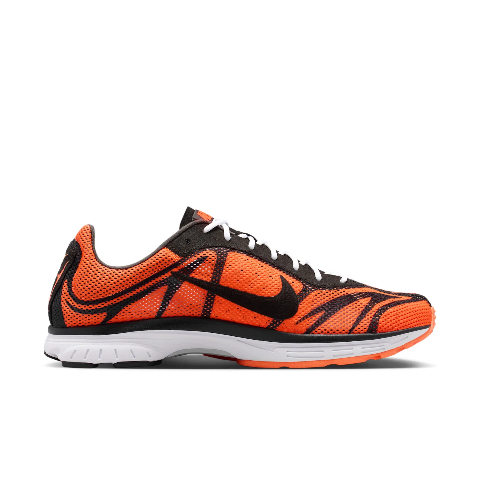 lateral side angle, orange mesh upper, dark brown heel and black swoosh, Safety Orange