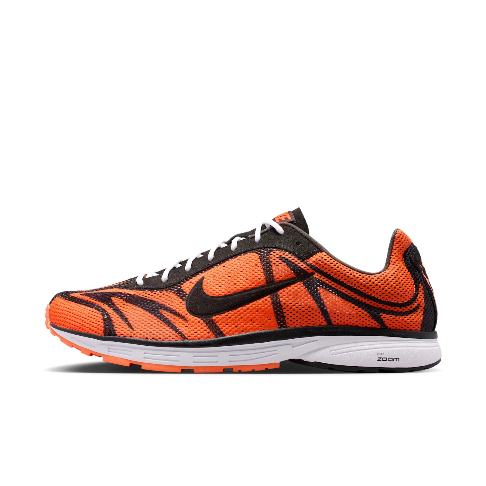 lateral view, orange mesh with black overlay panels and white midsole, Safety Orange