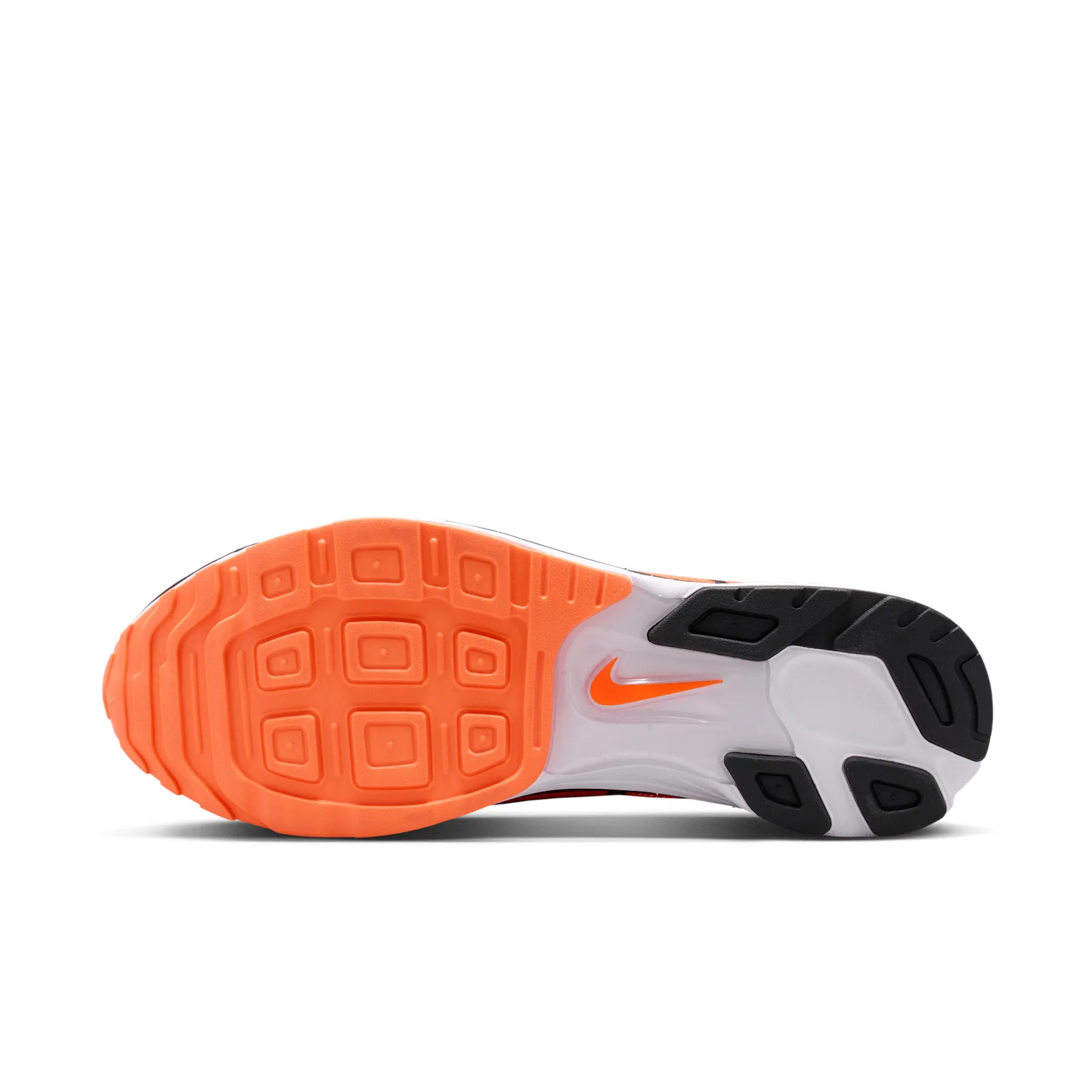 outsole view with orange and black tread pattern and white midsole logo, Safety Orange