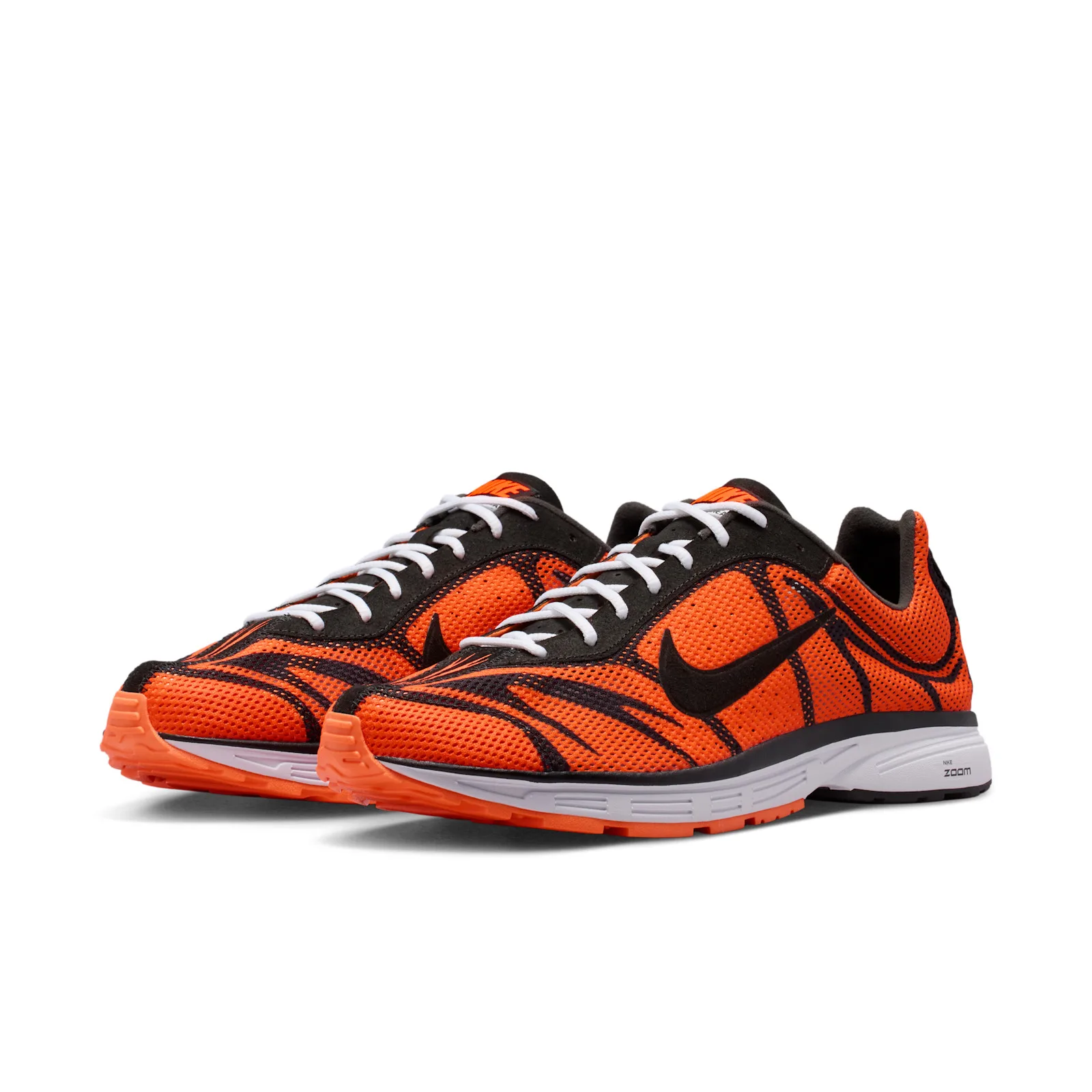 pair shown at front three-quarter angle, orange mesh with black swoosh detailing, Safety Orange