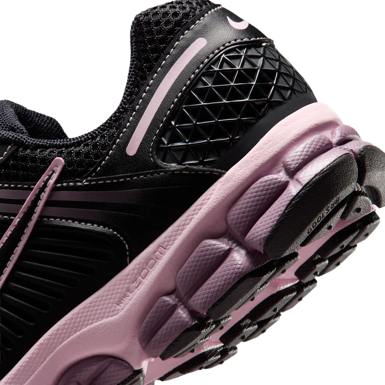 close-up of toe and swoosh, black mesh with pink trim and pink midsole, Black/Pink Foam