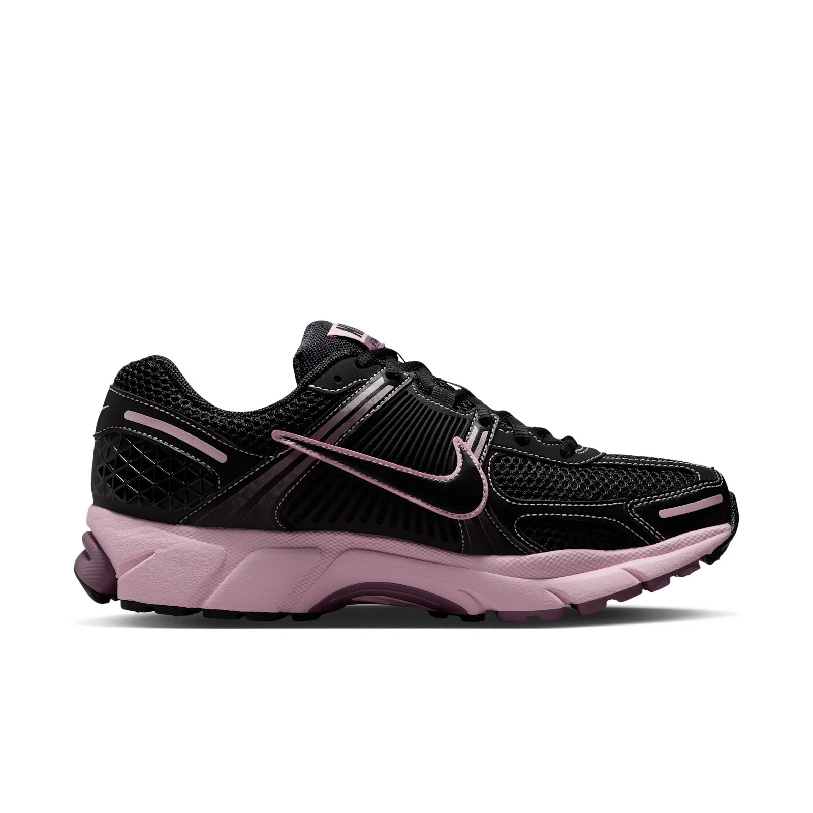 lateral view, black mesh upper with pink swoosh and layered pink midsole, Black/Pink Foam