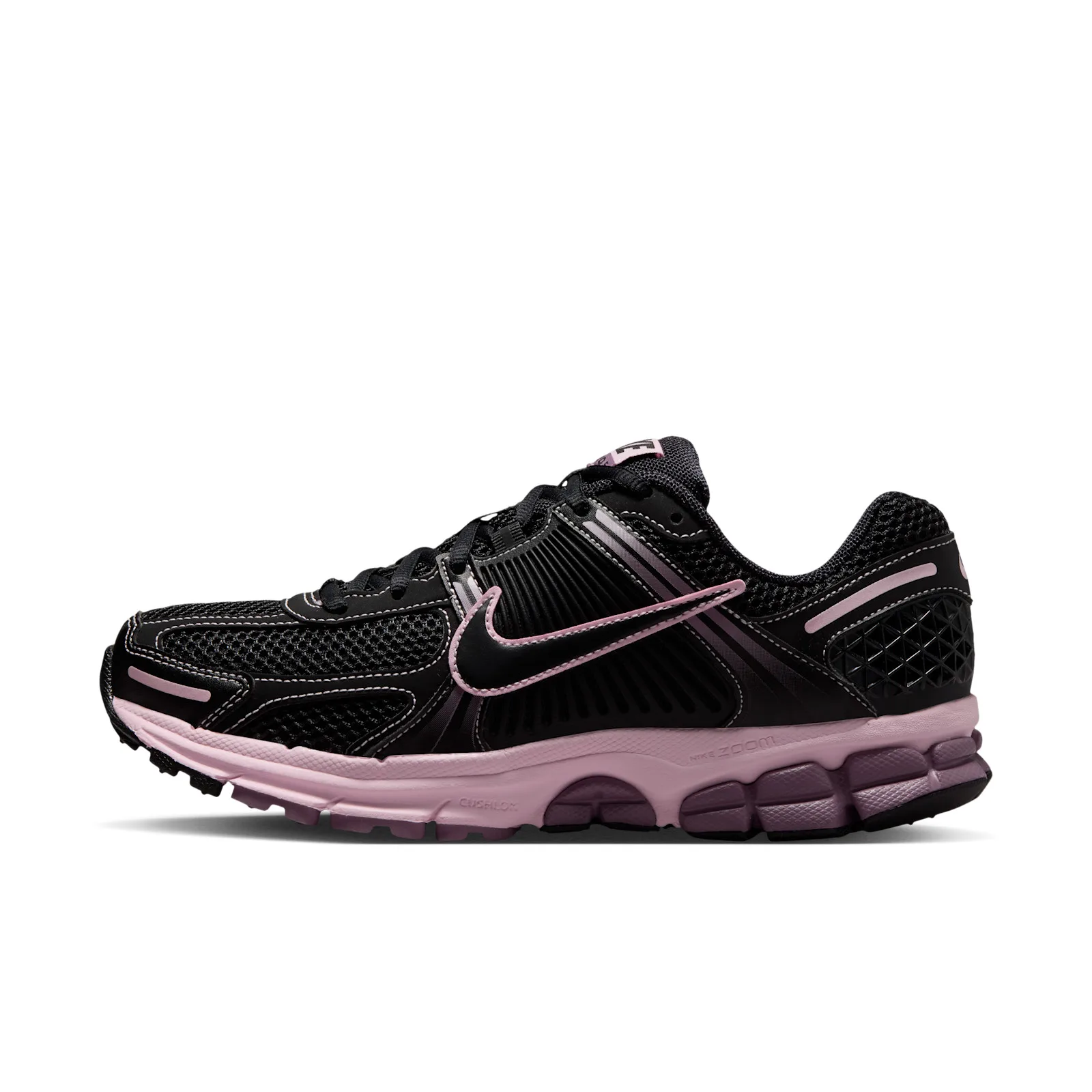 lateral view, black mesh upper with pink swoosh and mauve-pink outsole, Black/Pink Foam