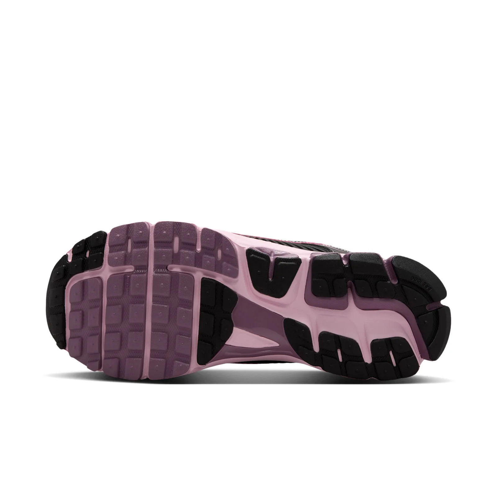 heel view of pair, black heel counters with pink swoosh and pink midsoles, Black/Pink Foam