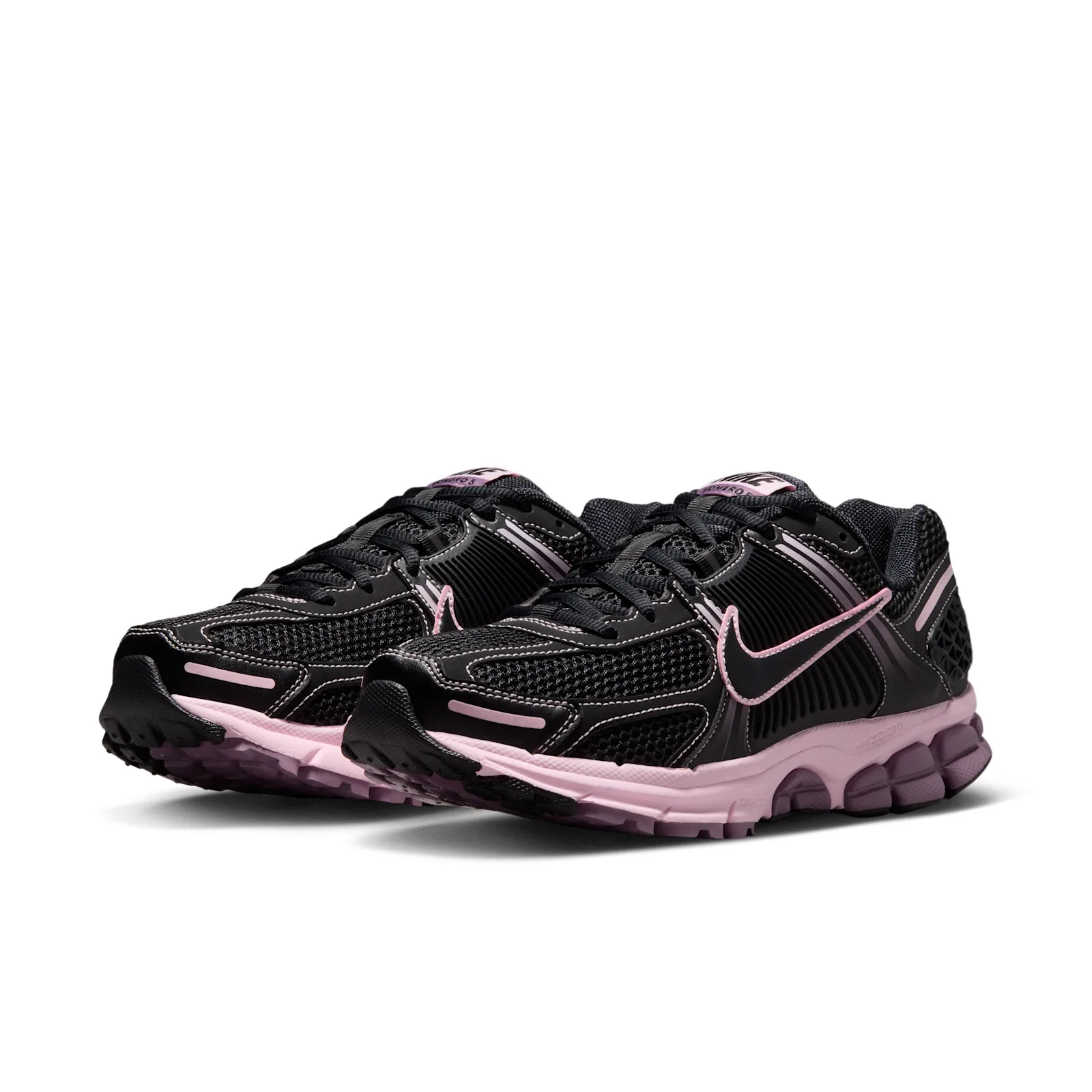 three-quarter pair view, black mesh uppers with pink swooshes and pink soles, Black/Pink Foam