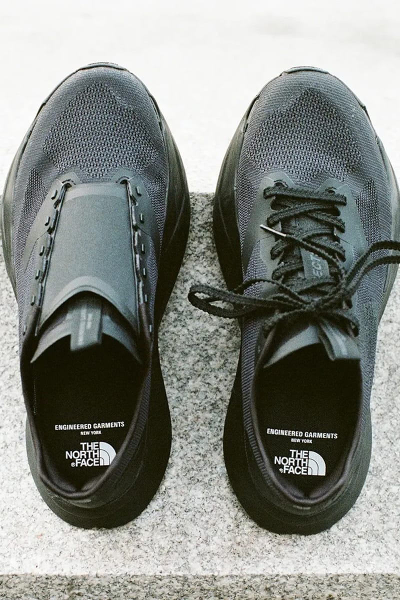 top-down pair on stone ledge with Engineered Garments x The North Face insole branding, Garments VECTIV Forward