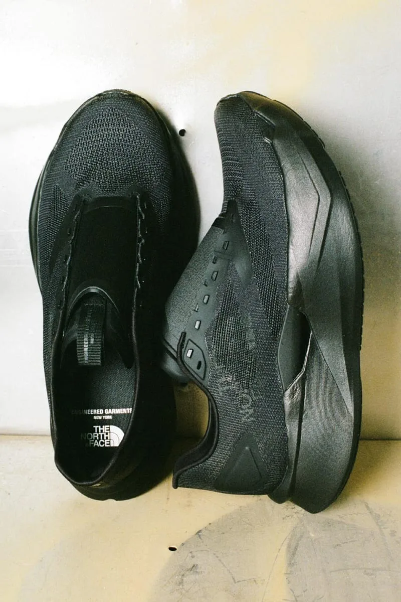 top-down pair on cream floor, showing insole text Engineered Garments x The North Face, Garments VECTIV Forward