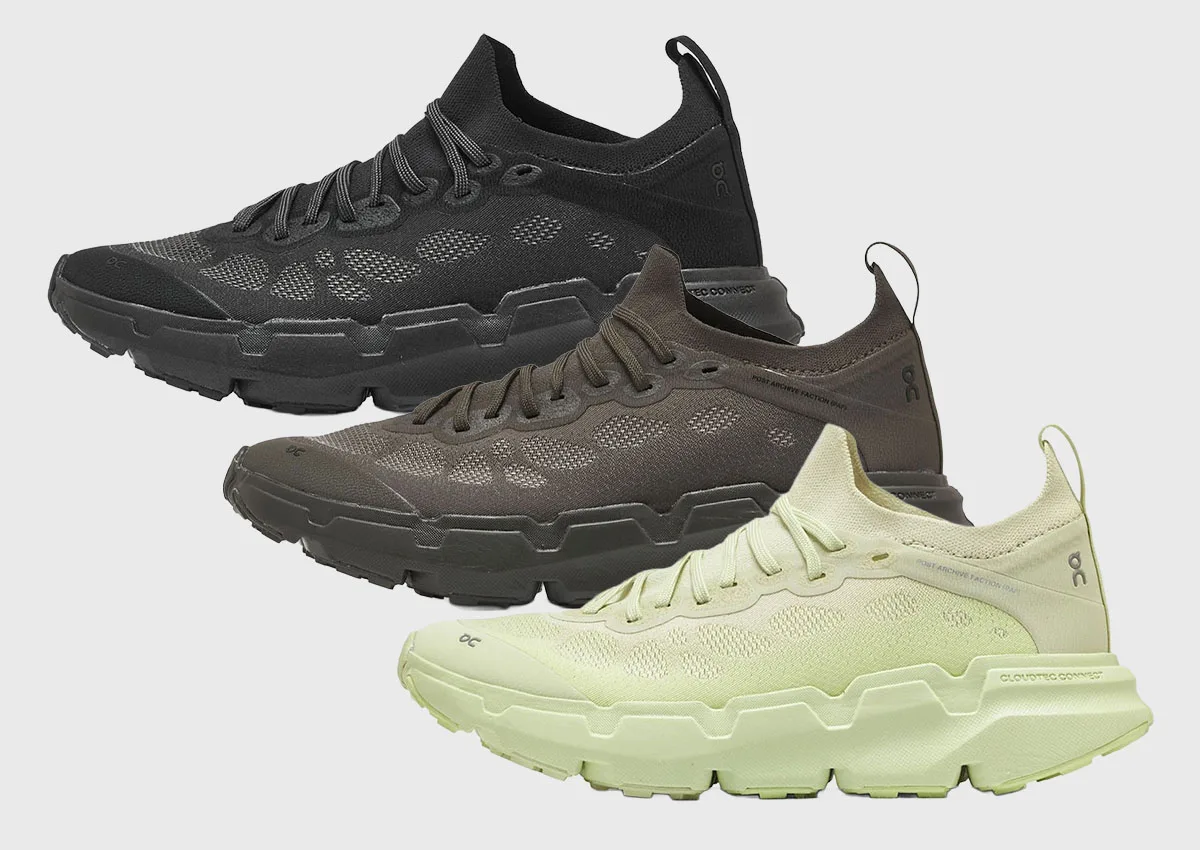 three colourways lined up in lateral view: black, olive brown and pale green, On Cloudsoma x POST ARCHIVE FACTION