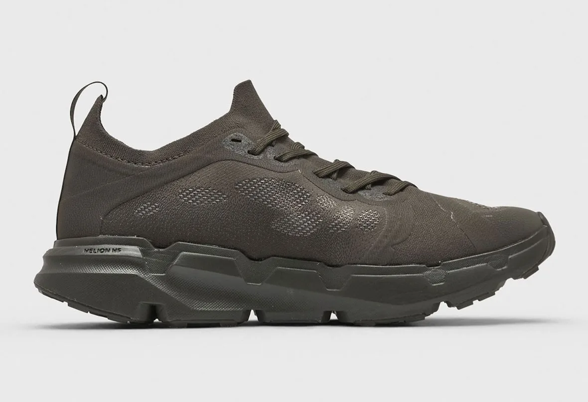 lateral view, dark olive brown knit upper with ribbed foam midsole, POST ARCHIVE FACTION