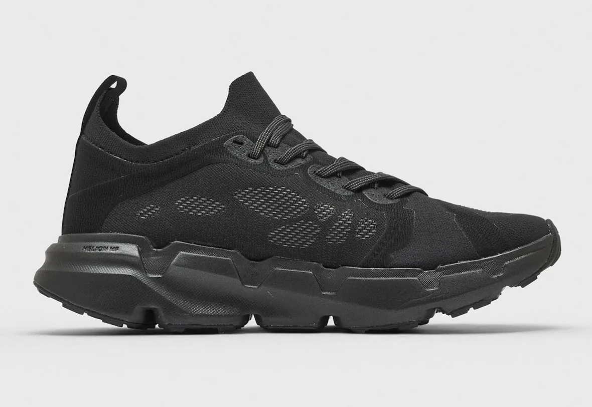 lateral view, all-black knit upper with ribbed foam midsole, POST ARCHIVE FACTION
