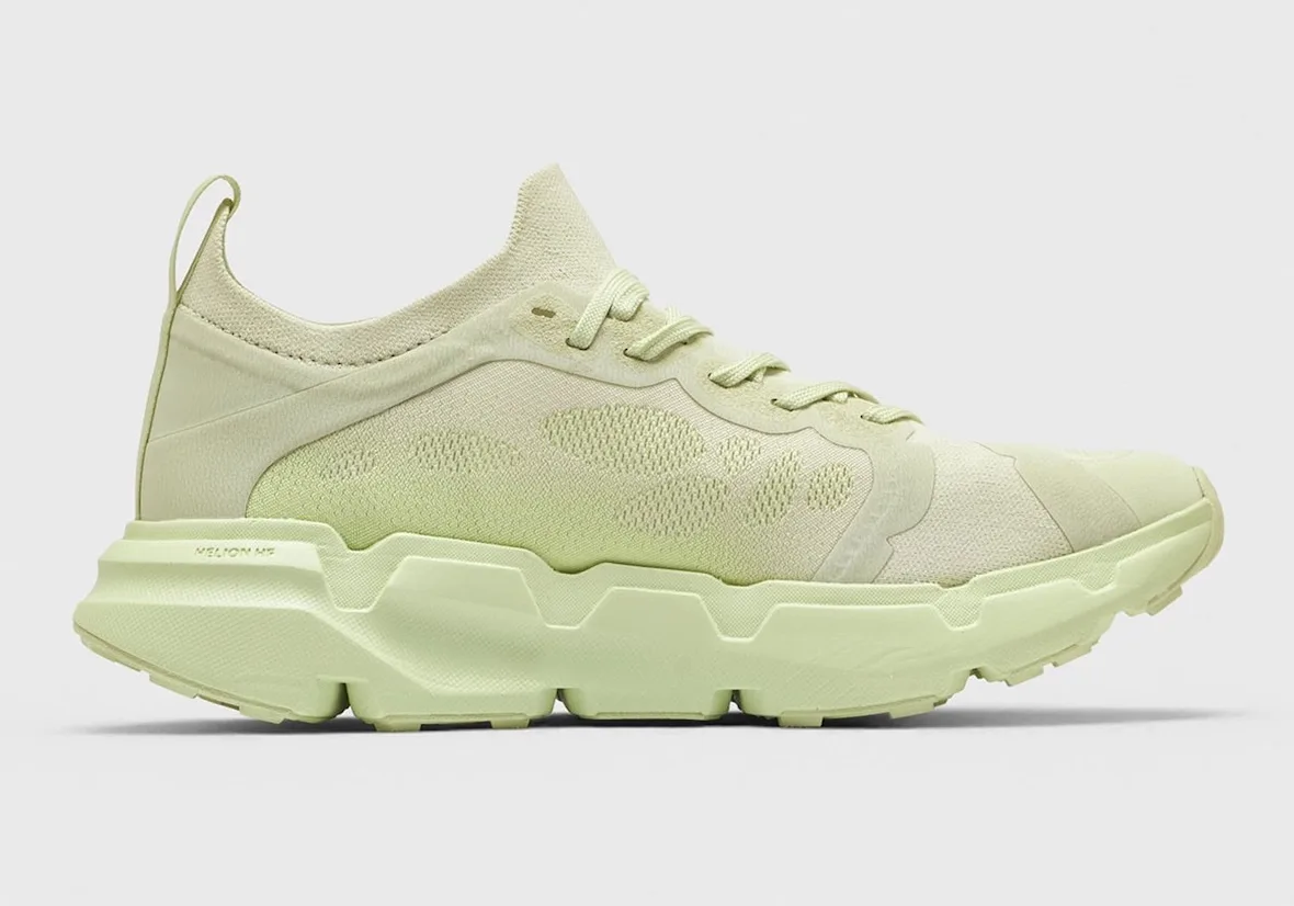 lateral view, pale green knit upper with translucent ribbed outsole, POST ARCHIVE FACTION
