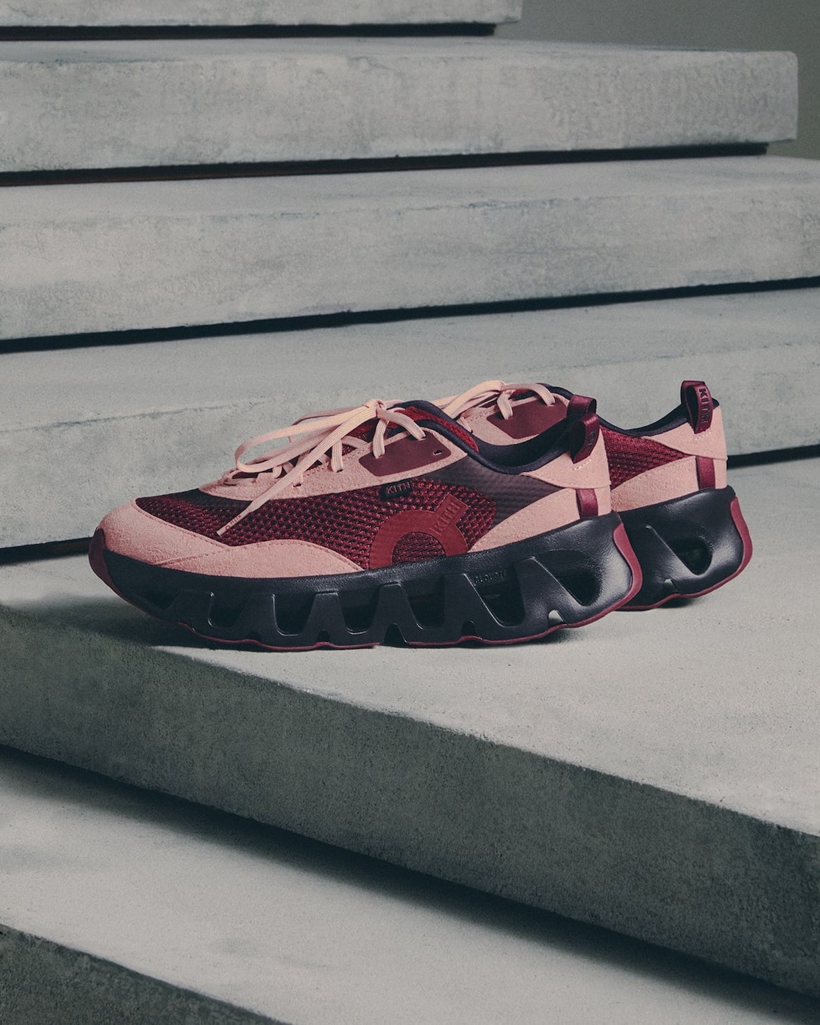 lateral pair, pink and burgundy mesh with dark cutout sole, KITH heel tag, K Tech 3