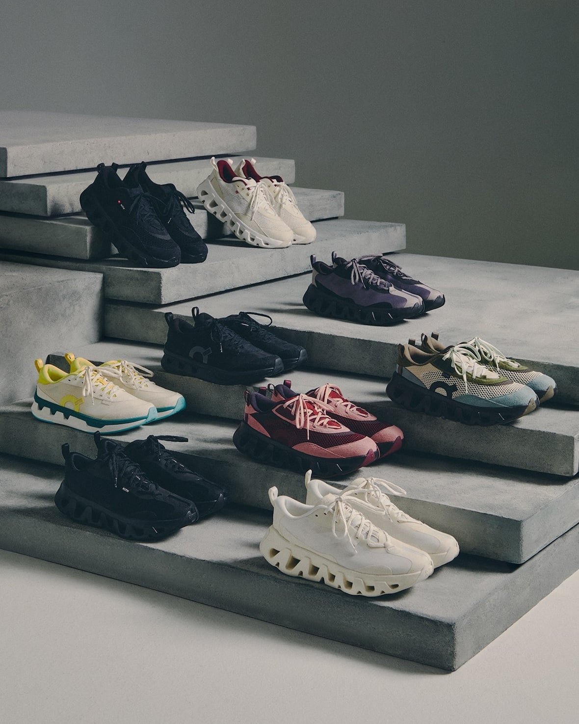 lineup of nine multicolour pairs arranged on concrete steps, K Tech 3
