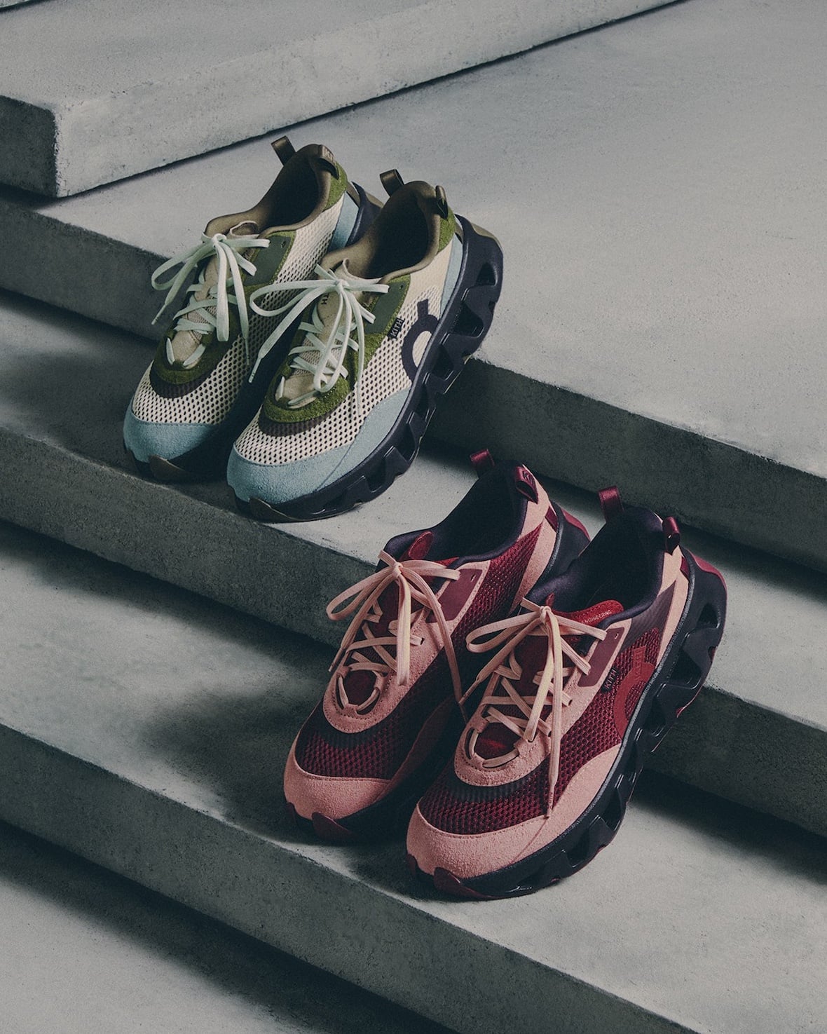 pair group, olive-cream-blue pair beside pink and burgundy pair on steps, K Tech 3